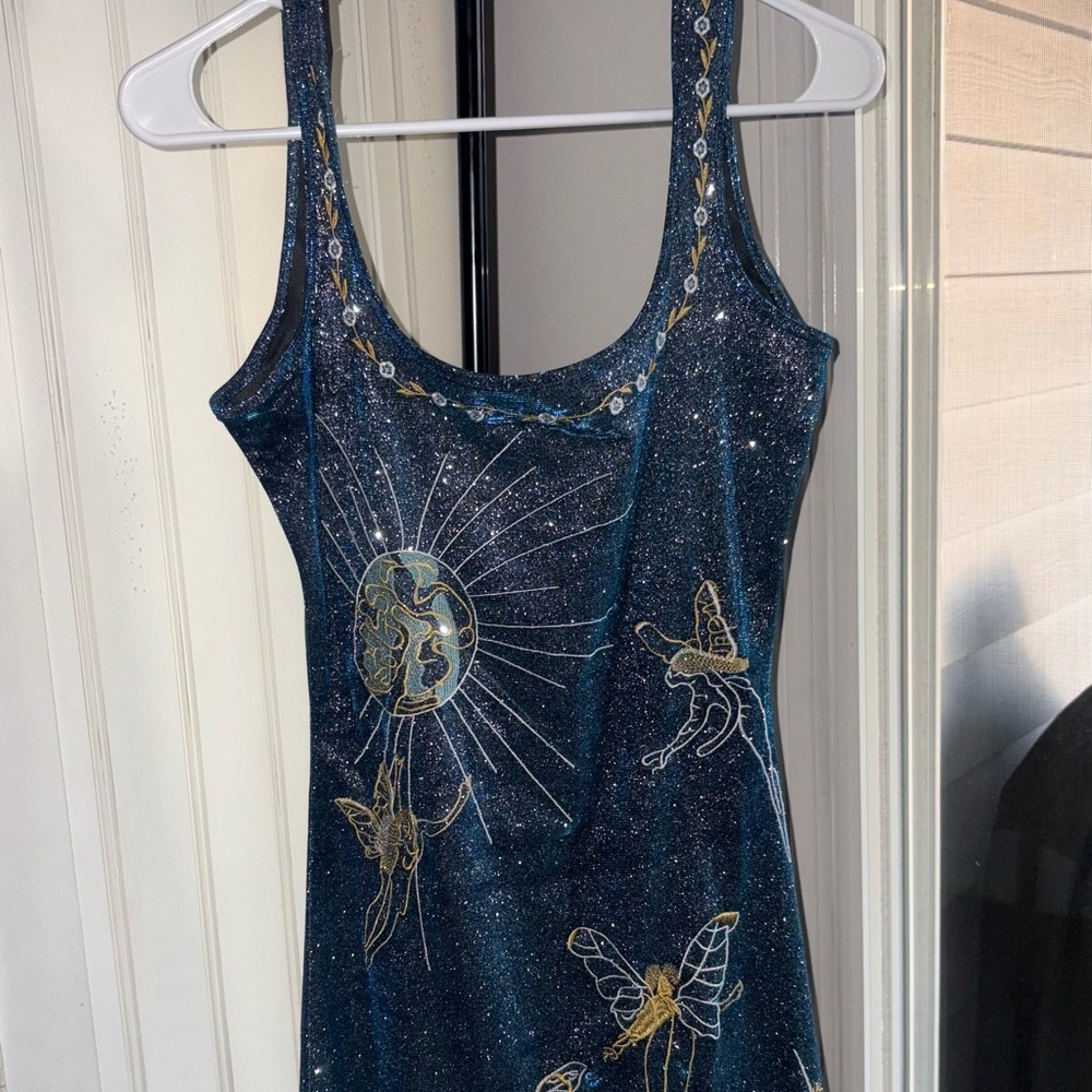 worn once Elegant Blue Glitter Dress with Celestial Design